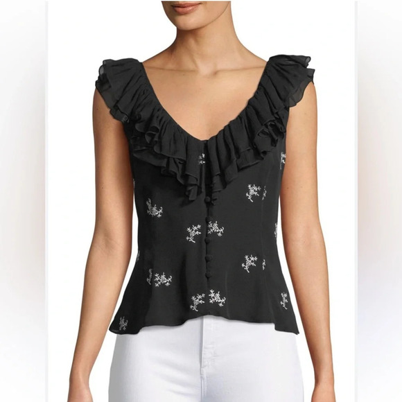 Cinq a Sept Embroidered Gia Ruffle Neckline Black Floral Silk blouse Top XS - Picture 2 of 9
